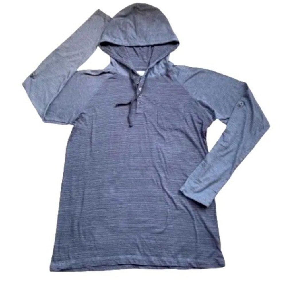 Dikotomy-Co Cotton Button Up Blue Hoodie Pullover Long Sleeve Gray Men Size L